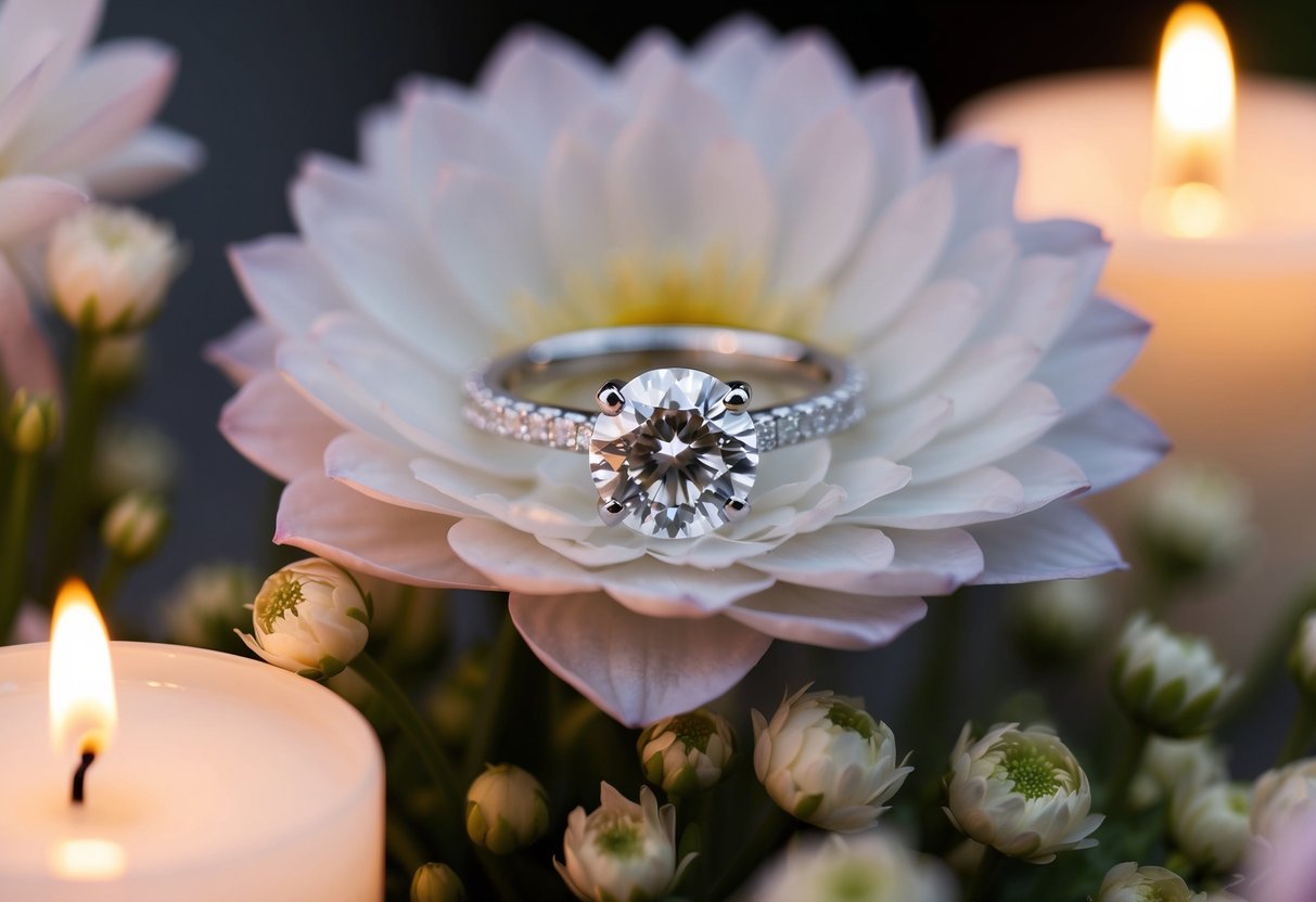 A sparkling diamond ring surrounded by delicate flowers and soft candlelight