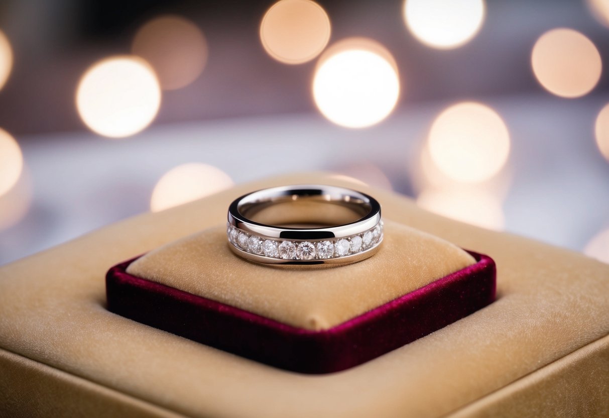 A platinum wedding band displayed on a velvet cushion under soft lighting