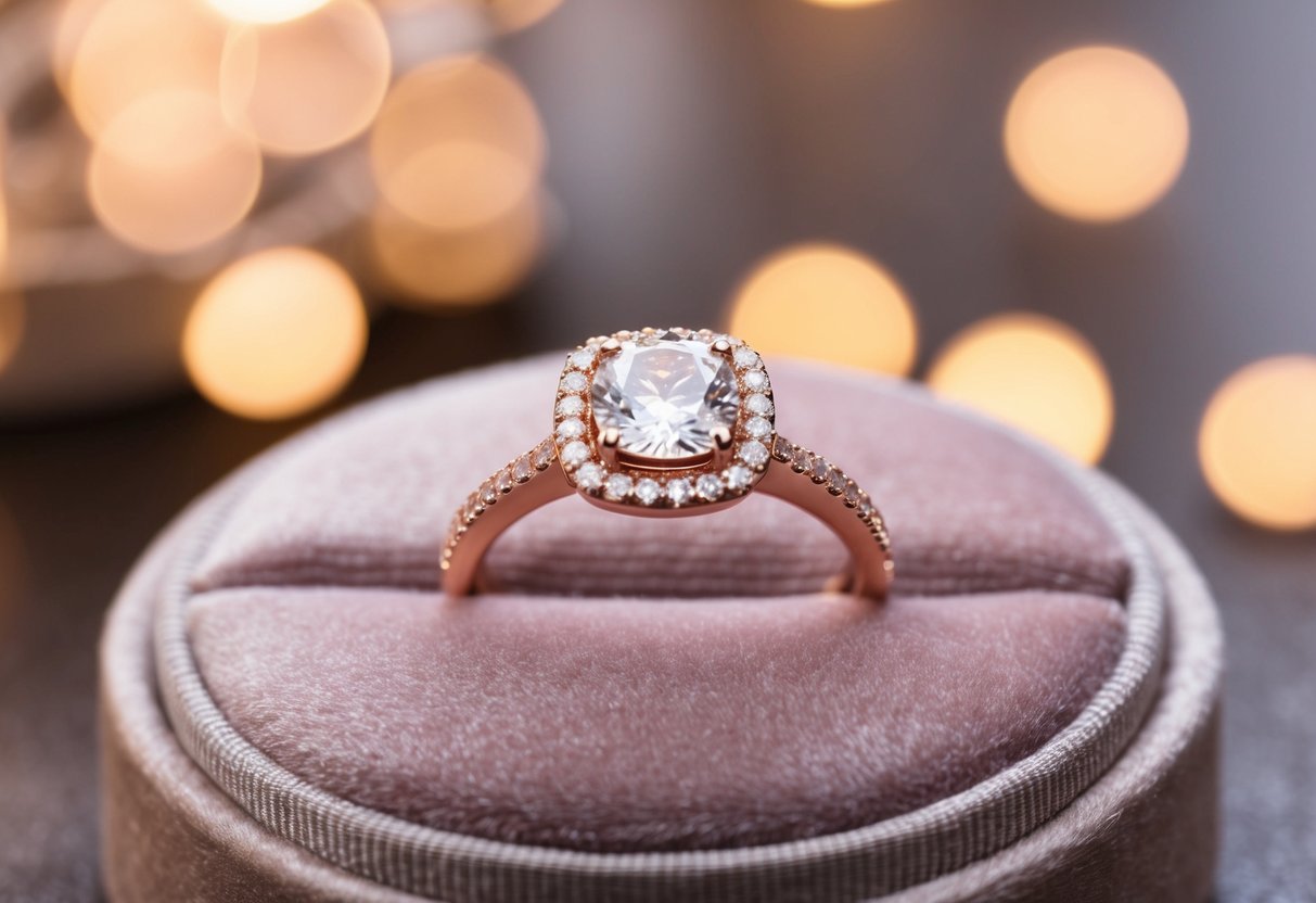 A sparkling rose gold halo engagement ring displayed on a luxurious velvet cushion with soft, warm lighting highlighting its elegant design