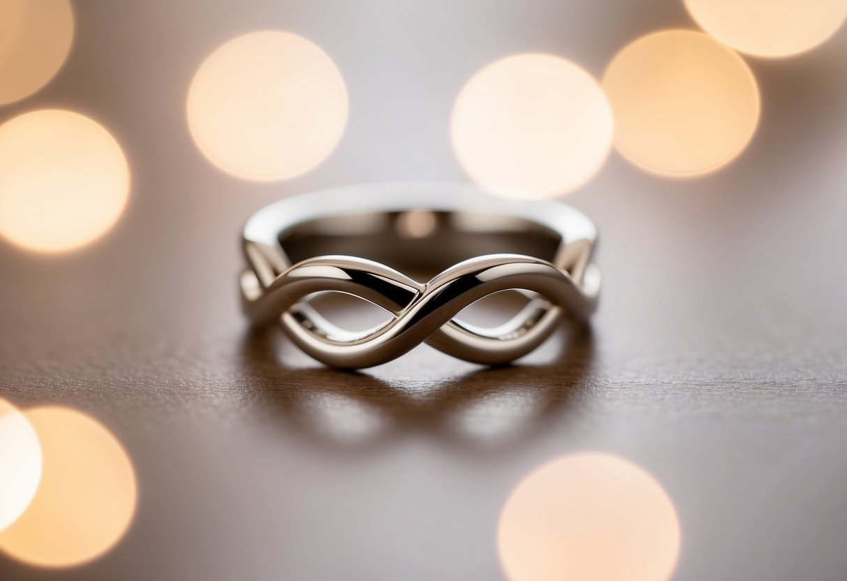 A close-up of a wedding ring with an infinity knot design, surrounded by soft and romantic lighting
