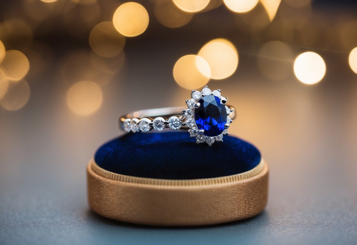 A sparkling sapphire and diamond duo ring displayed on a velvet cushion under soft, warm lighting