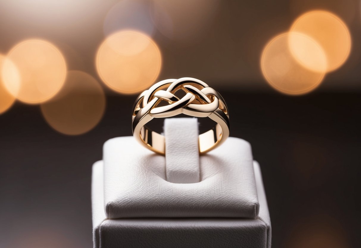 A Celtic knot white gold band displayed on a cushioned pedestal under soft, warm lighting