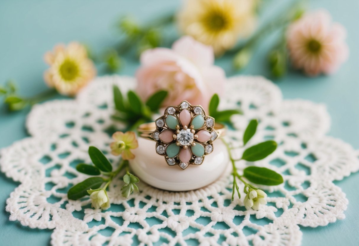 A vintage-inspired floral ring resting on a lace doily, surrounded by soft pastel flowers and delicate greenery