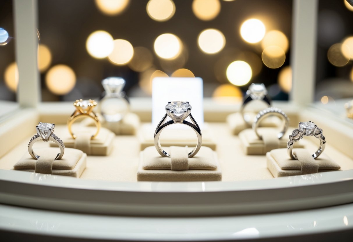 A jeweler's display featuring gleaming wedding rings in various styles and settings, surrounded by soft, romantic lighting