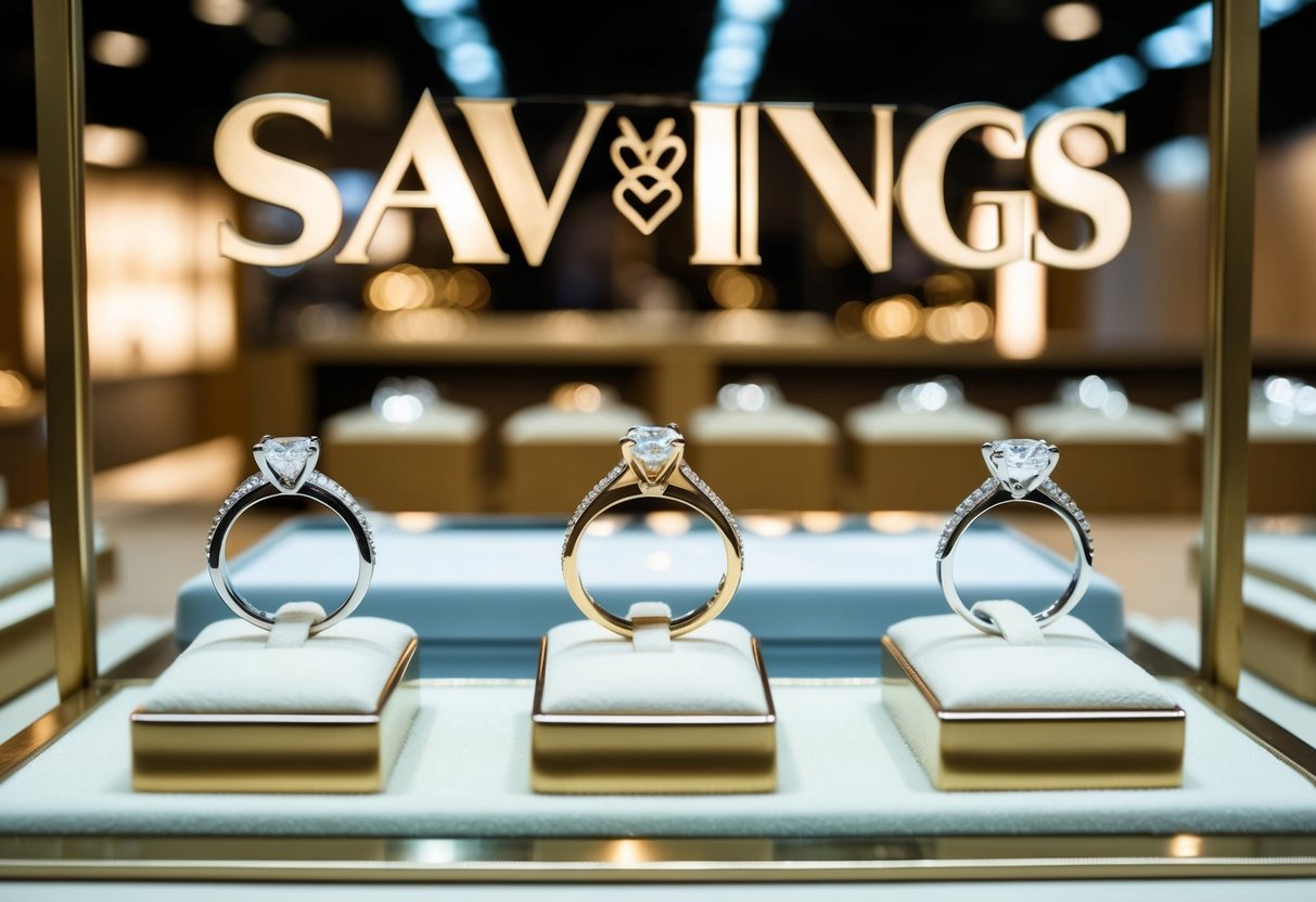 A jewelry store display featuring sparkling wedding rings with prominent "savings" signage