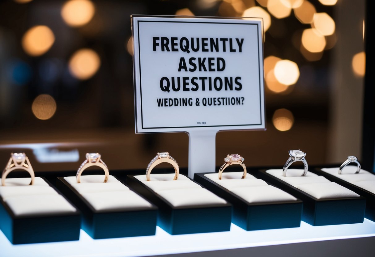 A display of wedding rings with a sign promoting frequently asked questions