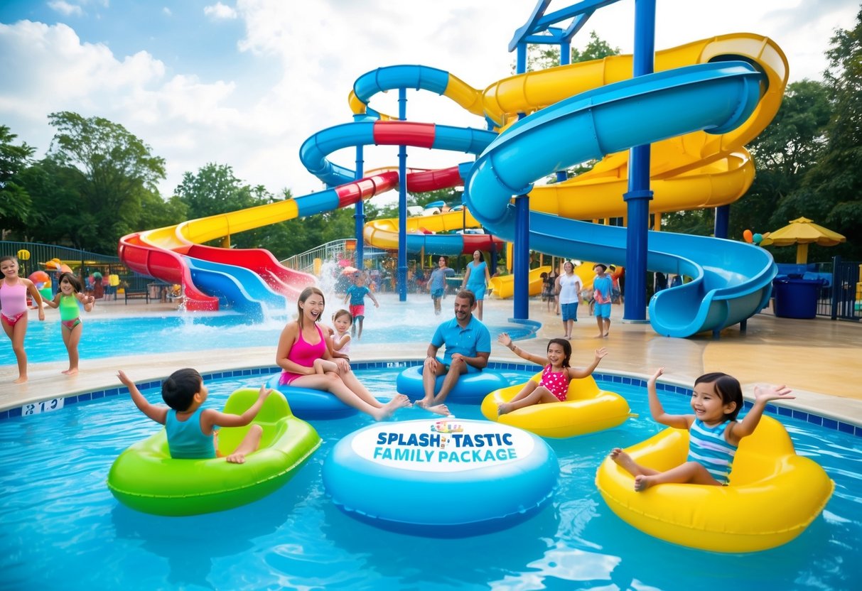 A lively water park with colorful slides and pools, surrounded by happy families enjoying the "Splash-tastic Family Package" from NTUC promotions