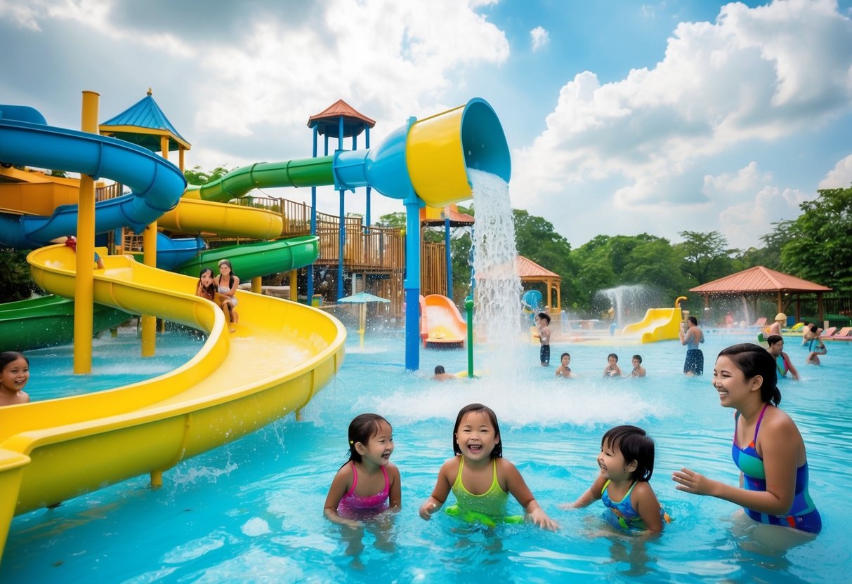 A colorful water park with slides, pools, and a giant bucket dumping water. Families and friends enjoy the NTUC promotion, laughing and splashing
