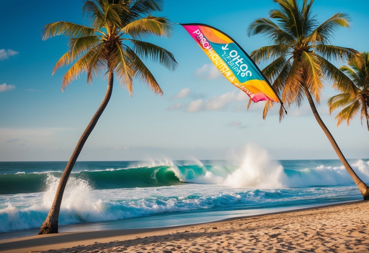 A vibrant beach scene with crashing waves, palm trees, and a colorful promotional banner flying in the breeze