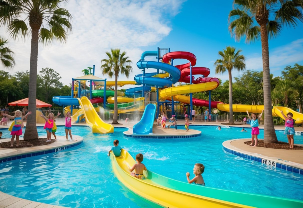 Colorful water park with slides and pools, surrounded by palm trees and excited families enjoying discounts and promotions