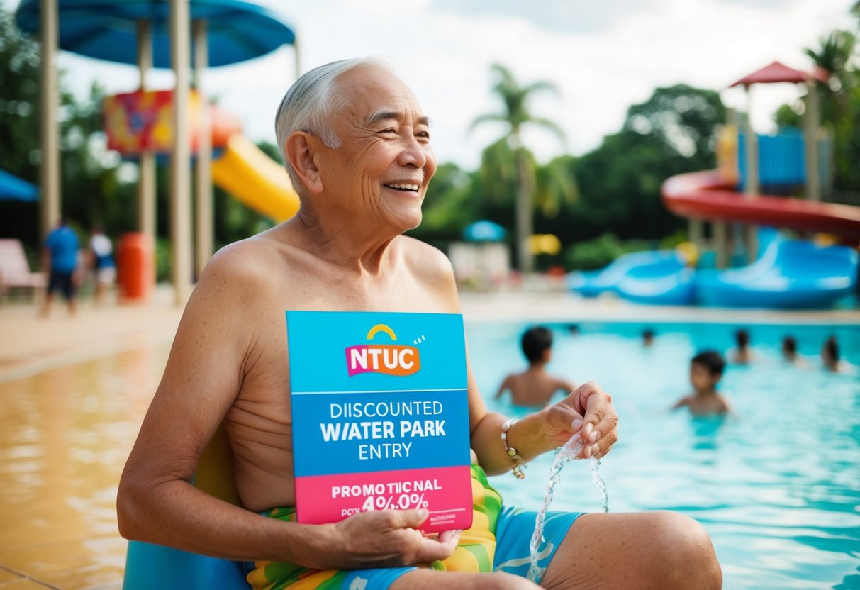 Elderly person enjoying discounted entry at water park with NTUC promotion