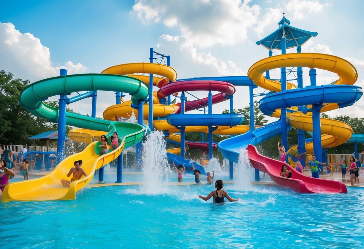 A colorful water park with twisting slides, splash pools, and excited visitors enjoying wild wild wet NTUC promotions