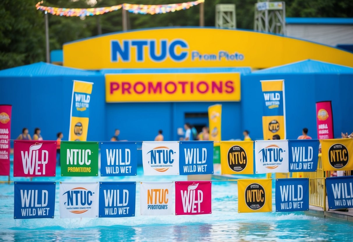 Colorful banners and signs promoting NTUC promotions at Wild Wild Wet