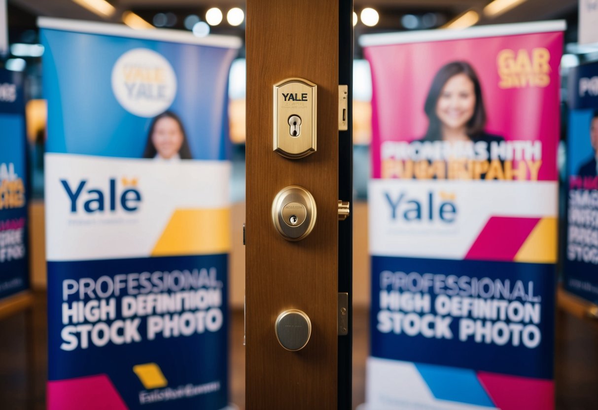 A door with a Yale lock surrounded by promotional banners and signs