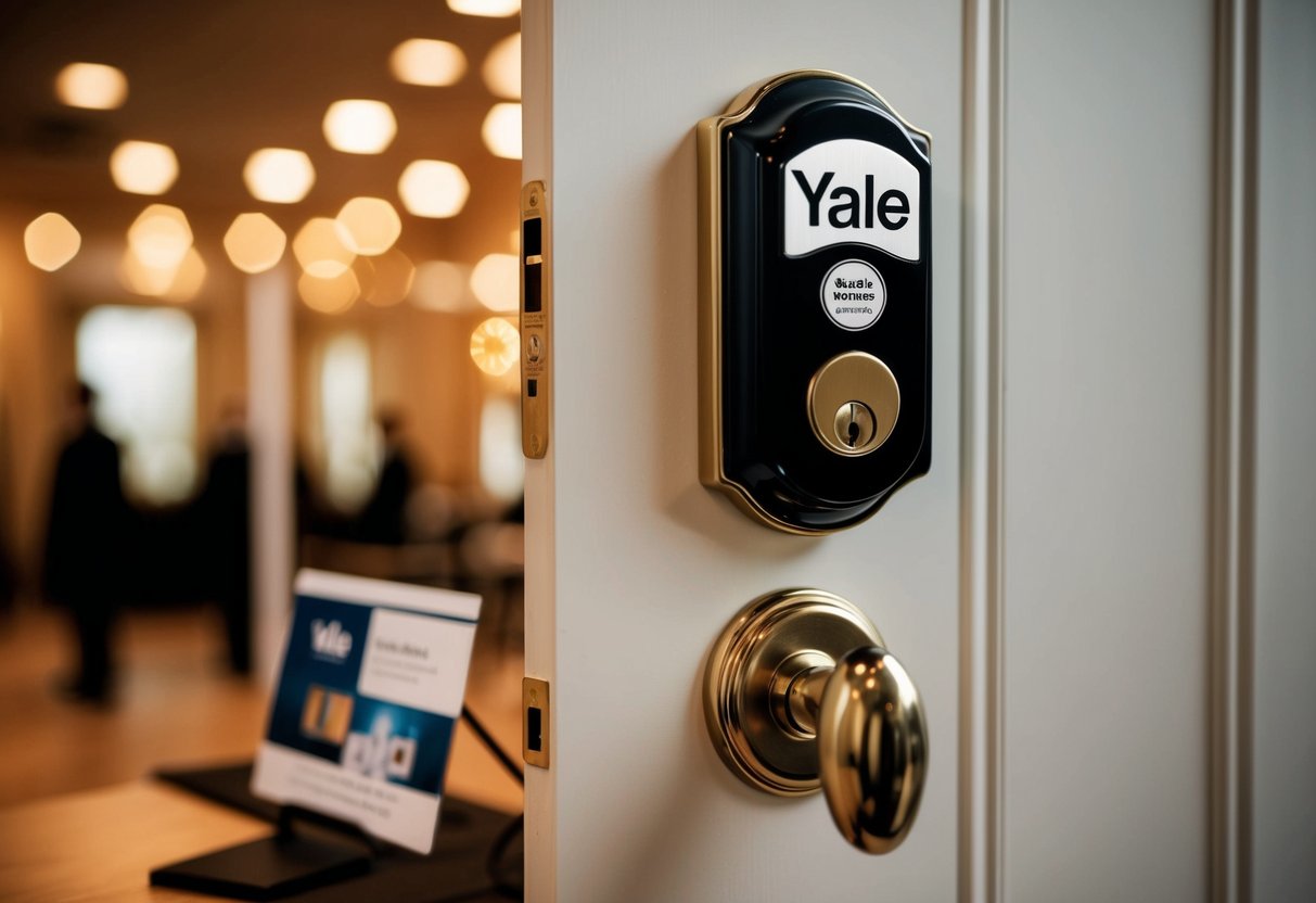 A door with a Yale Doorman lock and promotional materials nearby