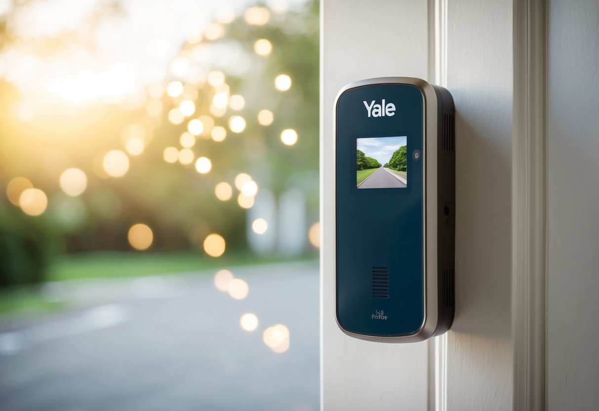A Yale Digital Door Viewer mounted on a front door, displaying a clear view of the outside