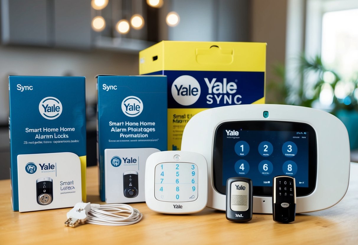 A Yale Sync Smart Home Alarm Package being installed with Yale locks promotions displayed nearby