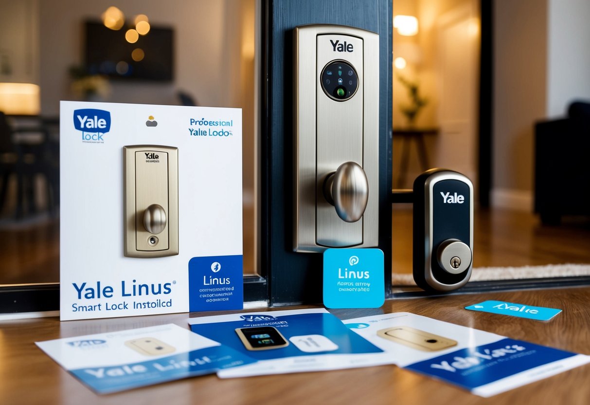 A front door with a Yale Linus Smart Lock installed, surrounded by promotional materials for Yale locks
