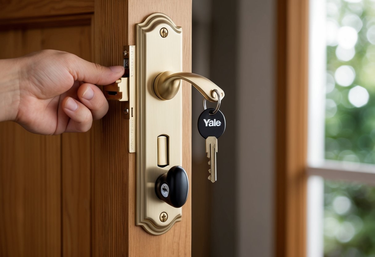 A Yale lock being installed on a sturdy wooden door, with a key inserted and the door securely locked