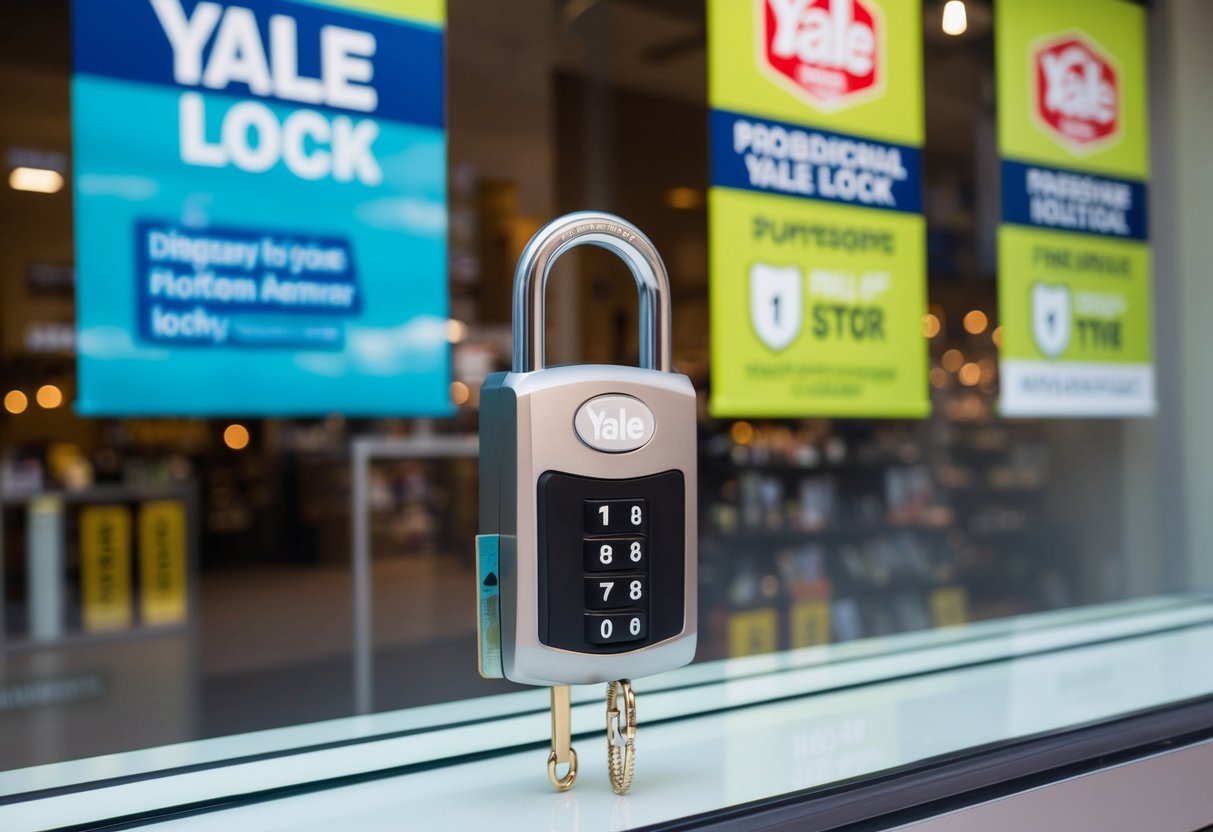 A modern Yale lock displayed with promotional banners and signage in a hardware store window