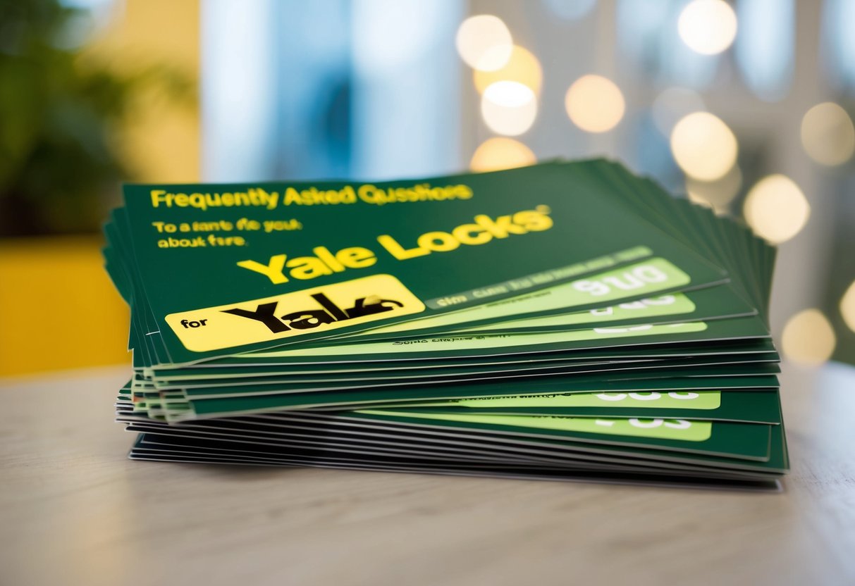 A stack of promotional flyers for Yale locks with a "Frequently Asked Questions" section highlighted
