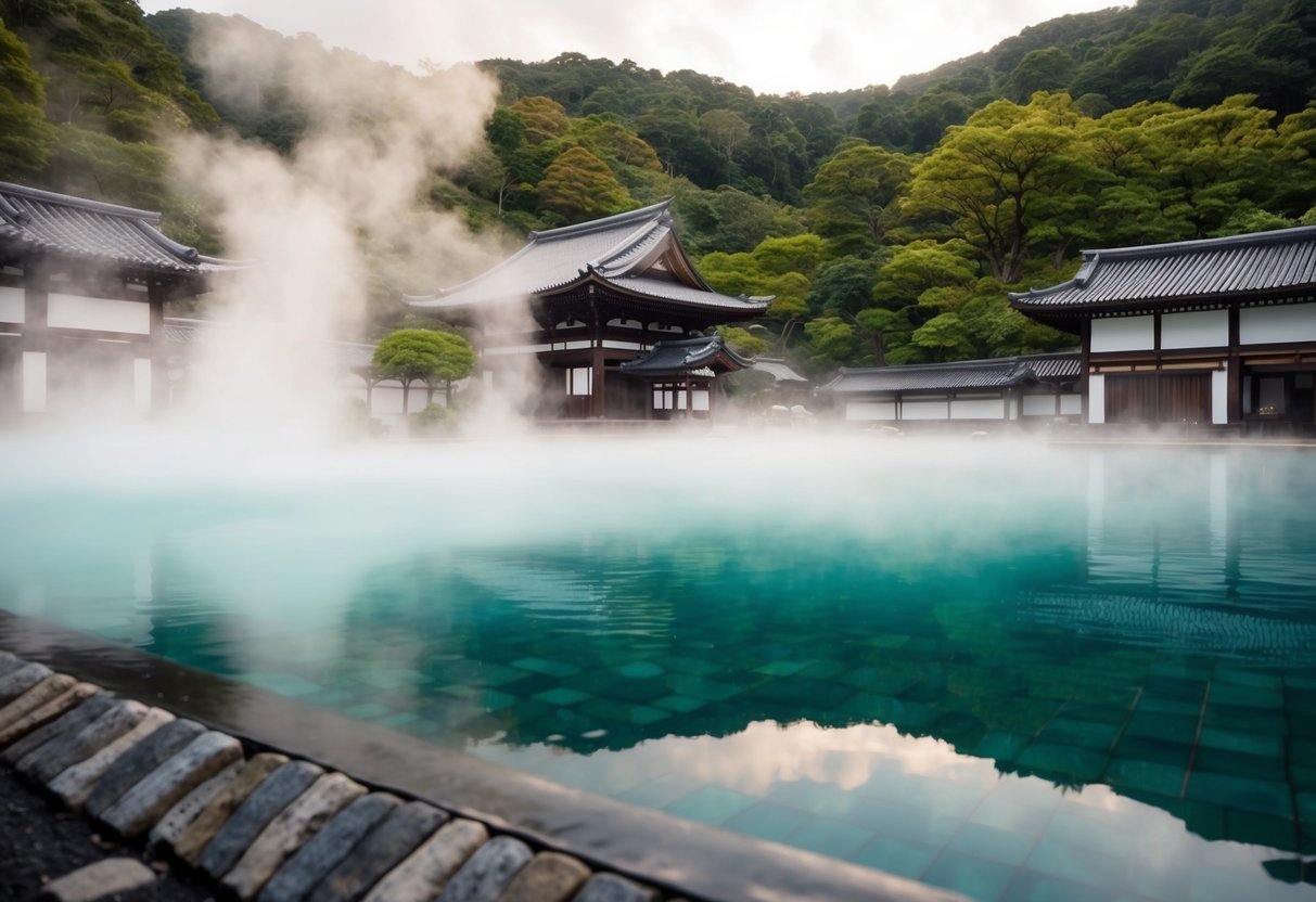 A tranquil hot spring surrounded by lush greenery and traditional Japanese architecture. Steam rises from the water, inviting relaxation