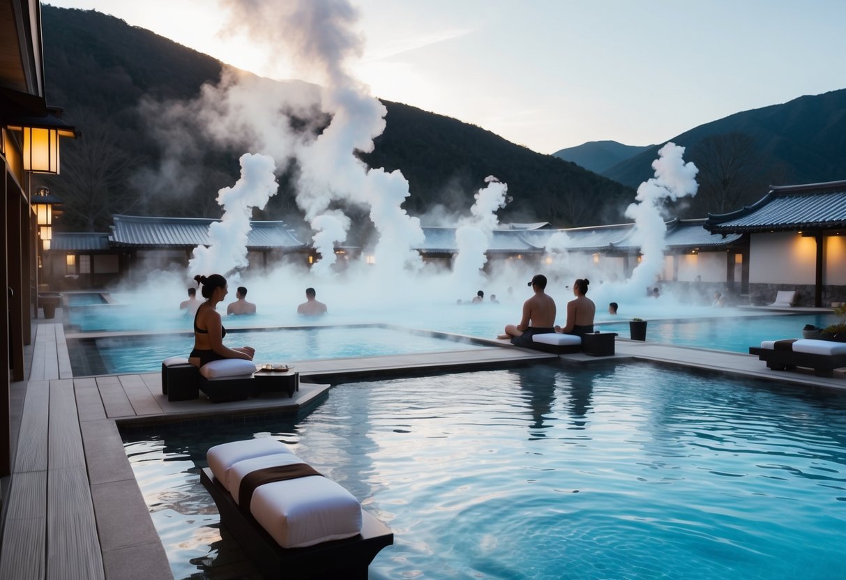 A serene spa with hot springs, massage tables, and relaxation areas. Gentle steam rises from the onsen pools as guests enjoy the Early Bird Spa Packages at yunomori onsen