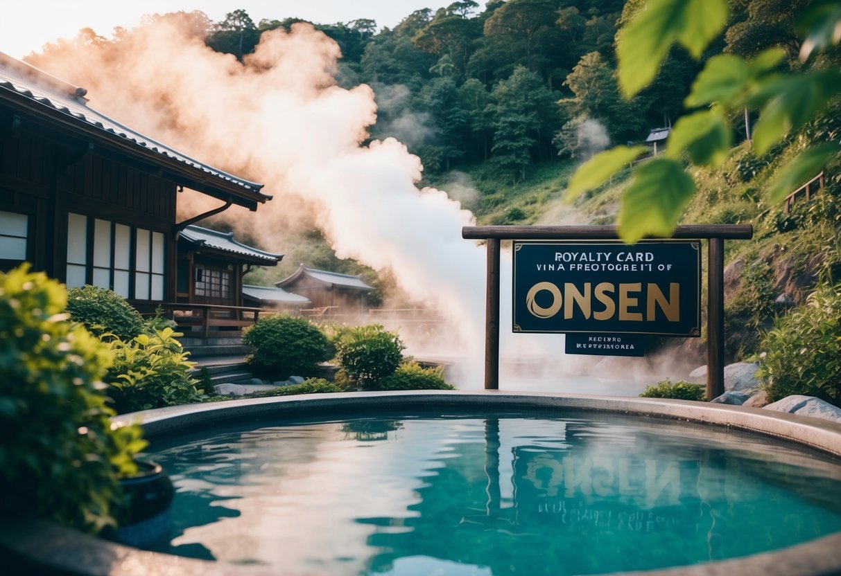 A serene onsen with steam rising, surrounded by lush greenery and a cozy wooden building with a sign advertising loyalty card perks