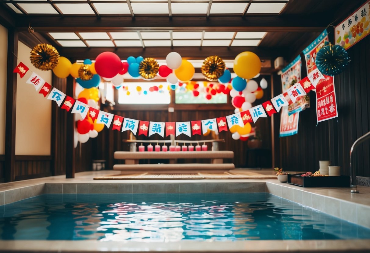 A festive onsen with birthday decorations and promotional banners