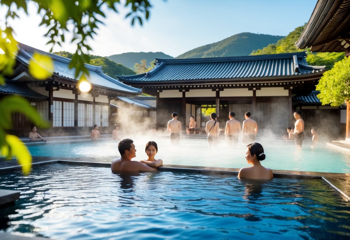 A serene onsen with couples enjoying the hot springs, surrounded by traditional Japanese architecture and lush greenery