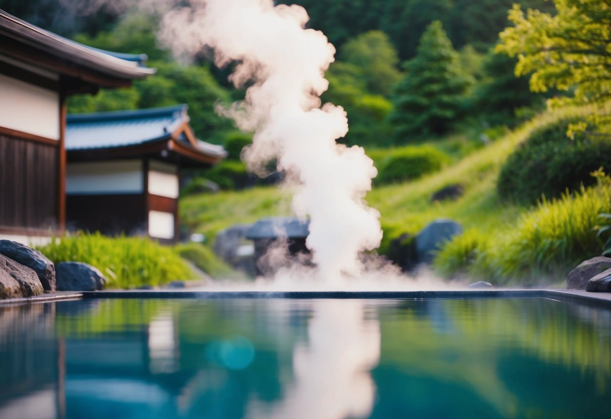 A serene onsen with steam rising, surrounded by lush greenery and calming nature sounds
