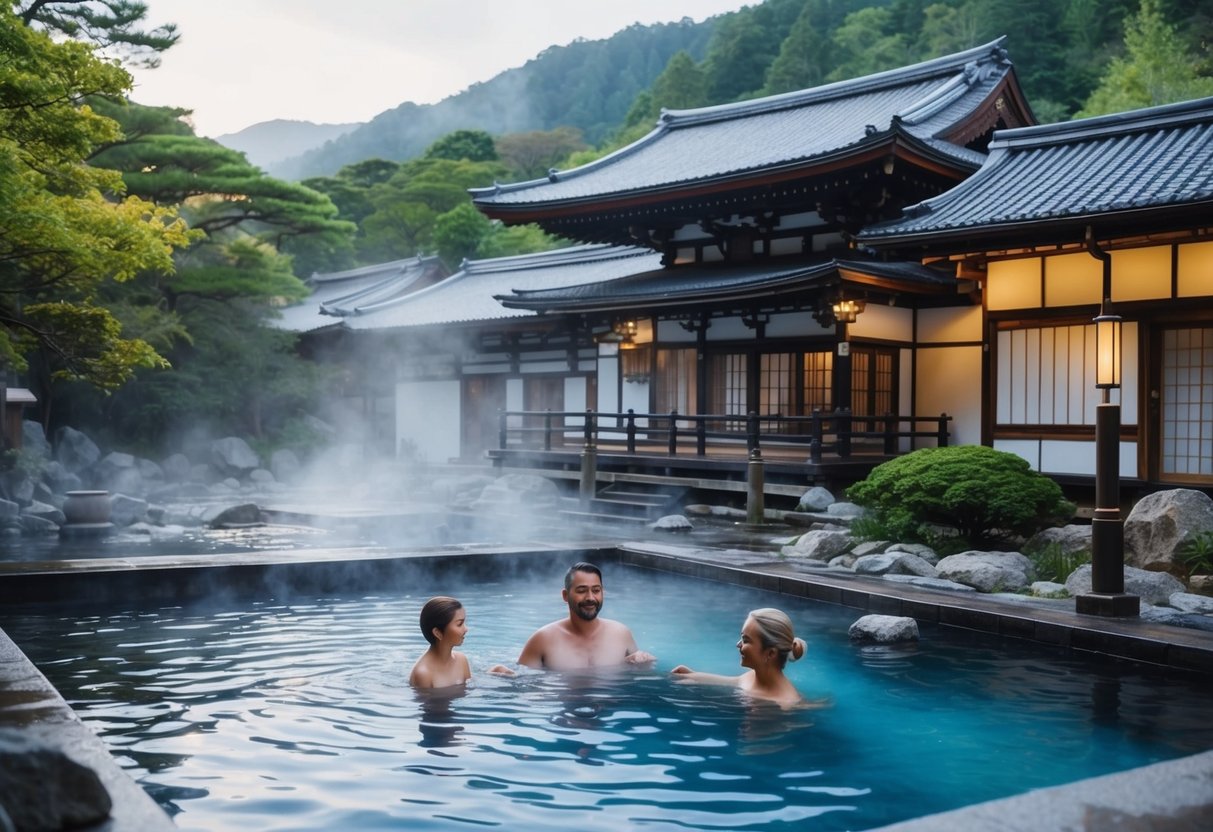 A serene onsen with a family enjoying hot springs and relaxation, surrounded by lush greenery and traditional Japanese architecture