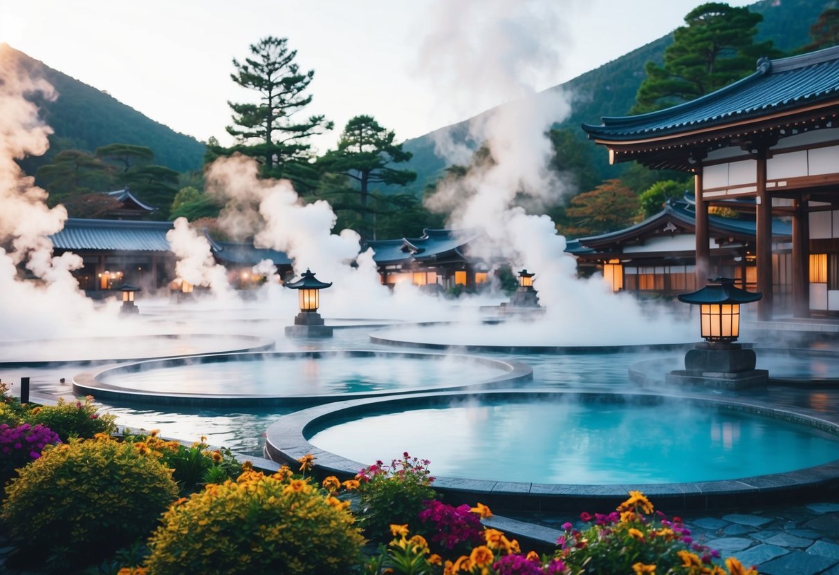 Steam rises from hot spring pools surrounded by lush greenery and colorful flowers. A serene atmosphere with traditional Japanese architecture and lanterns