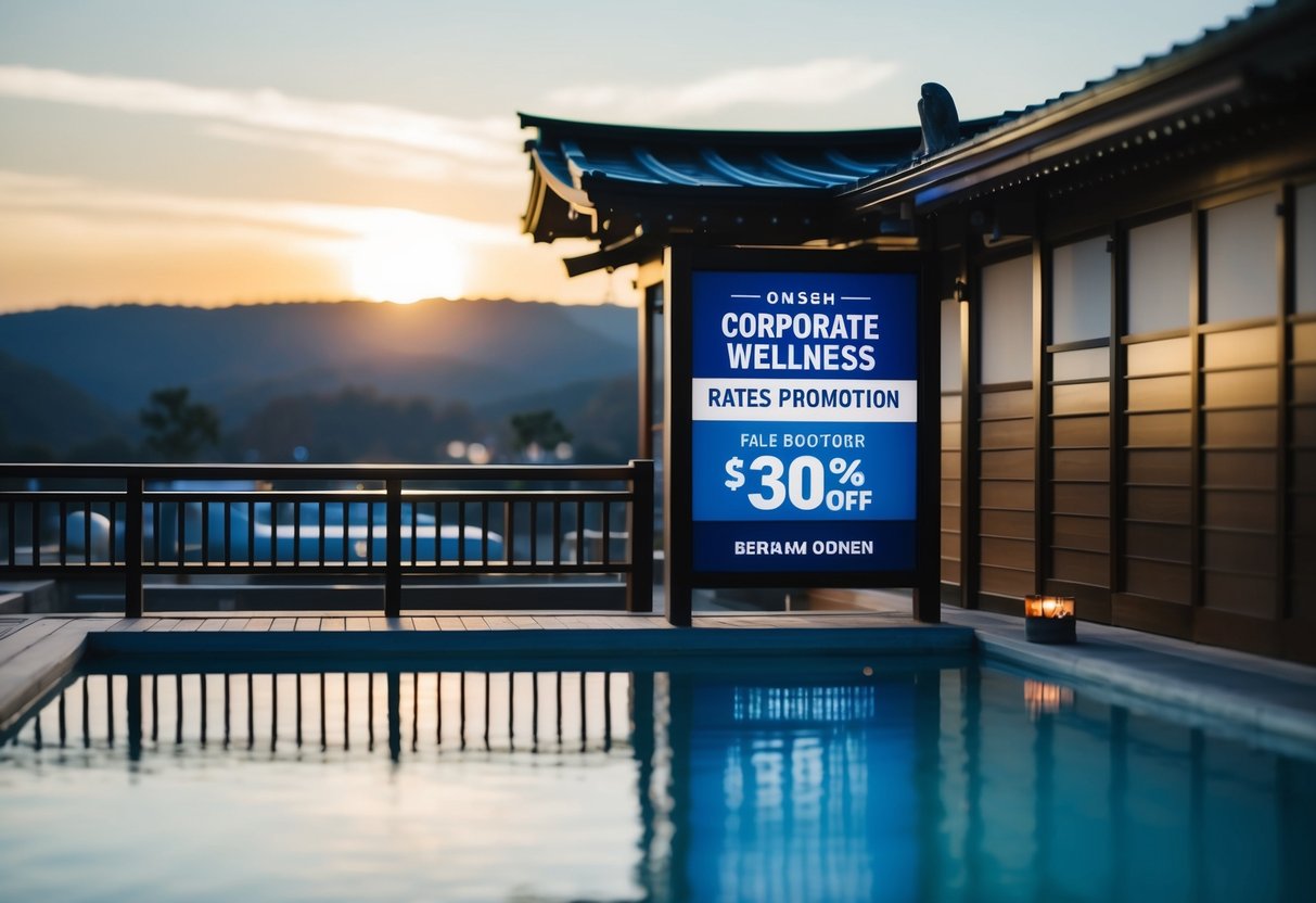 A serene onsen with corporate wellness rates promotion signage displayed