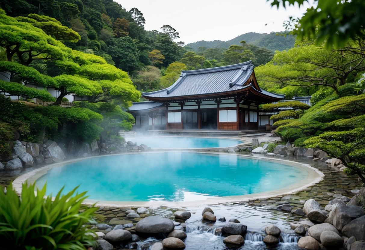 A tranquil hot spring surrounded by lush greenery, with a traditional Japanese building and a serene atmosphere