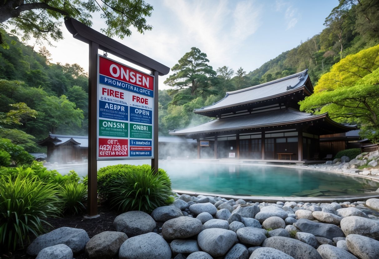 A serene onsen surrounded by lush greenery, with a sign displaying various promotional offers
