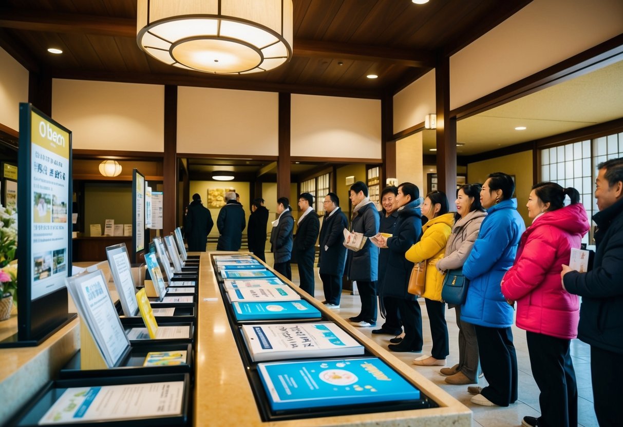 A bustling onsen lobby with a display of promotional materials and a line of customers waiting to ask questions