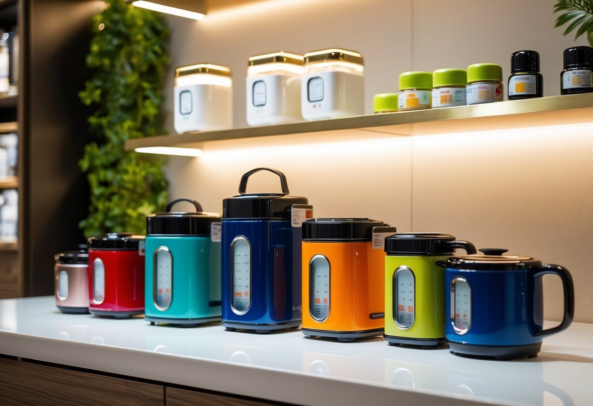 A colorful display of Zojirushi products arranged on a sleek, modern countertop with soft lighting