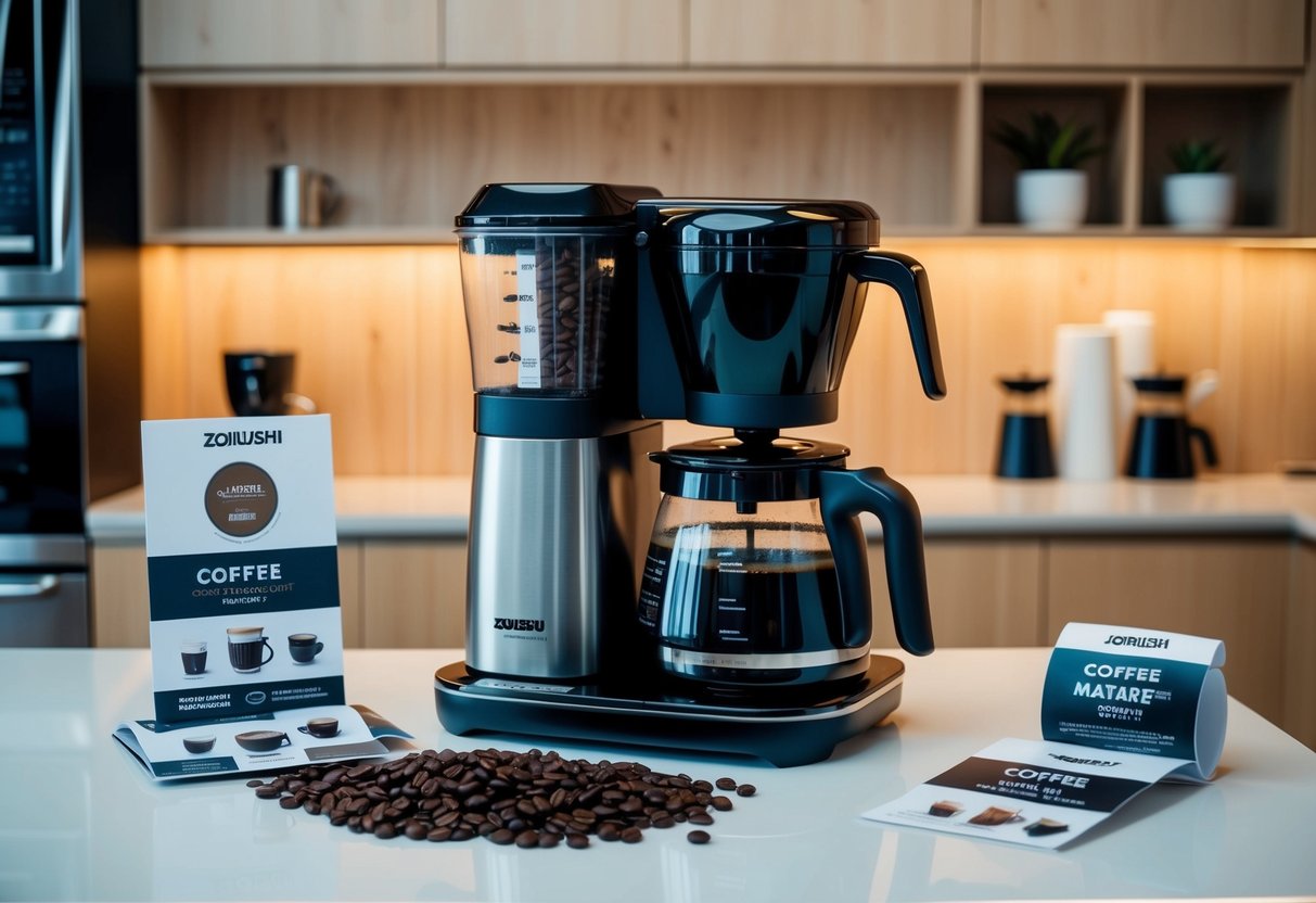 A modern kitchen counter with a Zojirushi coffee maker and grinder, surrounded by coffee beans and promotional materials