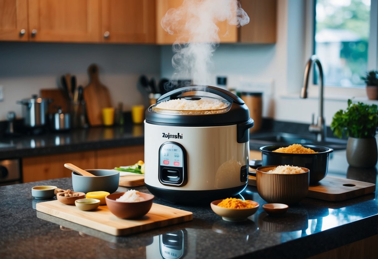 The Zojirushi Micom Rice Cooker & Warmer sits on a kitchen countertop, surrounded by various ingredients and utensils, with steam rising from the freshly cooked rice inside