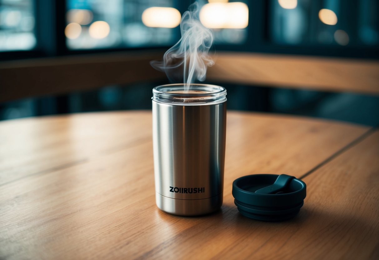 A sleek stainless steel Zojirushi travel mug sits on a wooden table, with steam rising from the hot beverage inside