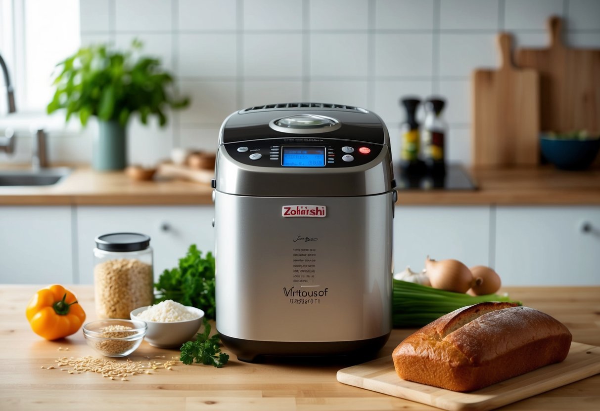 A modern kitchen counter with a Zojirushi Virtuoso Plus Breadmaker surrounded by fresh ingredients and a loaf of freshly baked bread