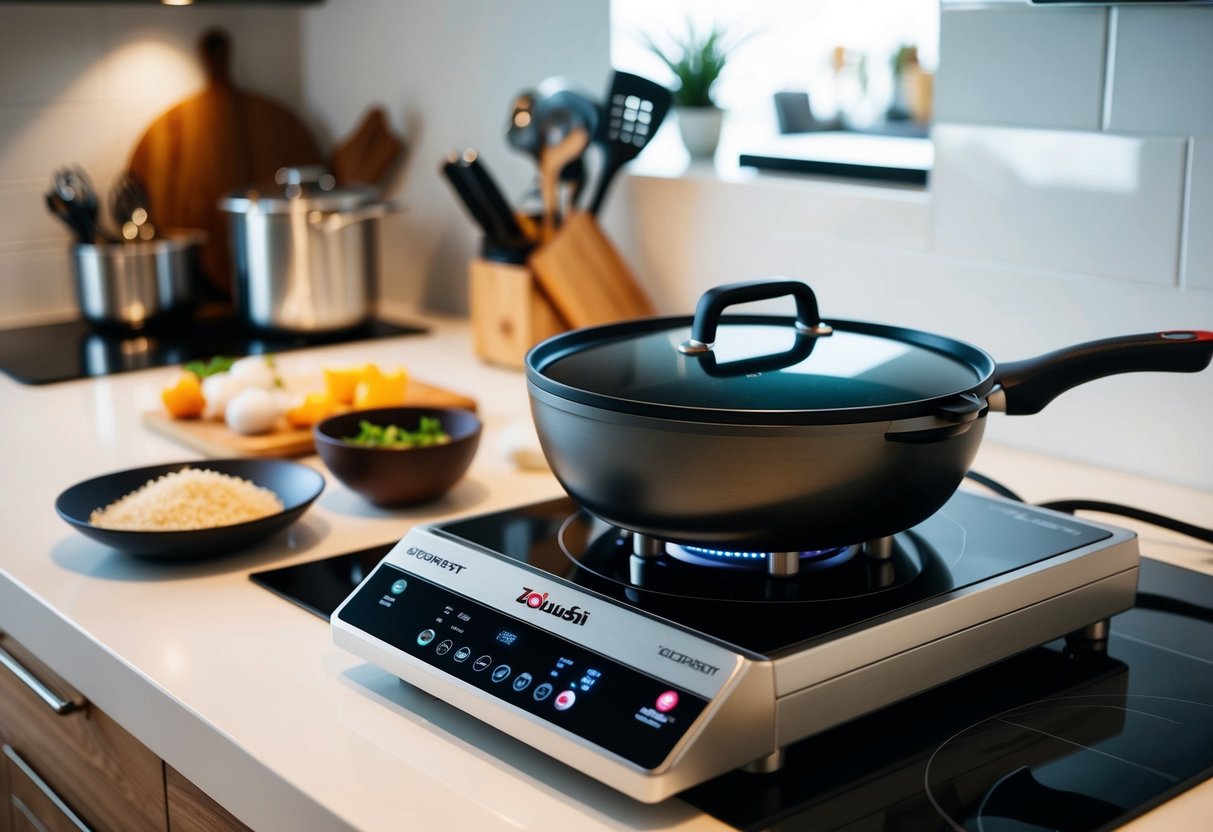 A modern kitchen countertop with a Zojirushi Gourmet d’Expert Electric Skillet in use, surrounded by various cooking ingredients and utensils