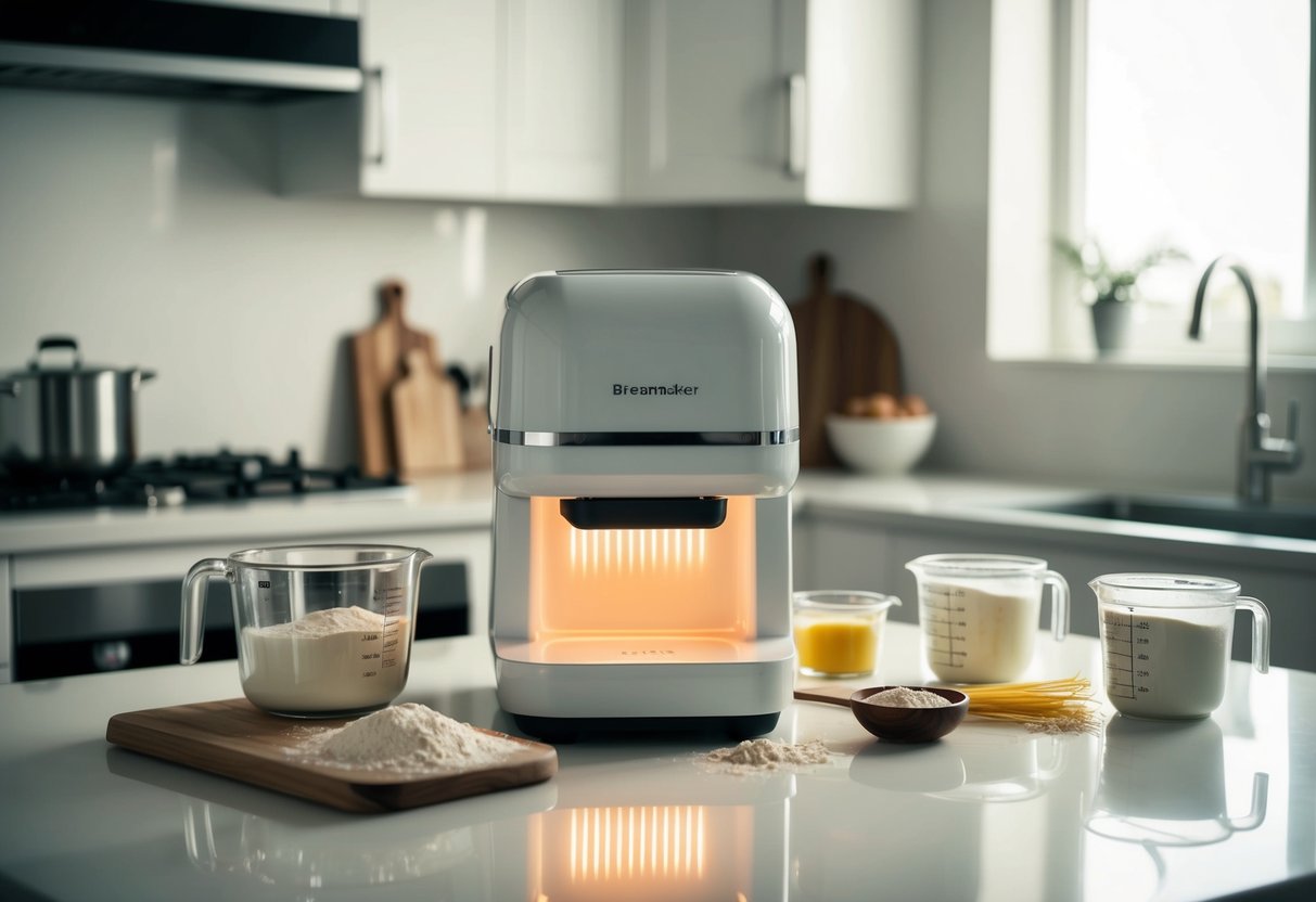 A small, modern breadmaker sits on a clean kitchen counter, surrounded by ingredients like flour, yeast, and a measuring cup. A warm, inviting glow emanates from the machine