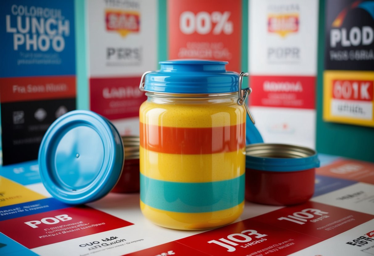 A colorful lunch jar surrounded by promotional banners and logos