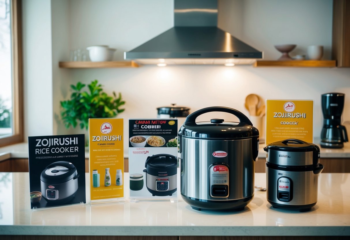 A kitchen counter with a Zojirushi rice cooker and a variety of Zojirushi products displayed with promotional signage