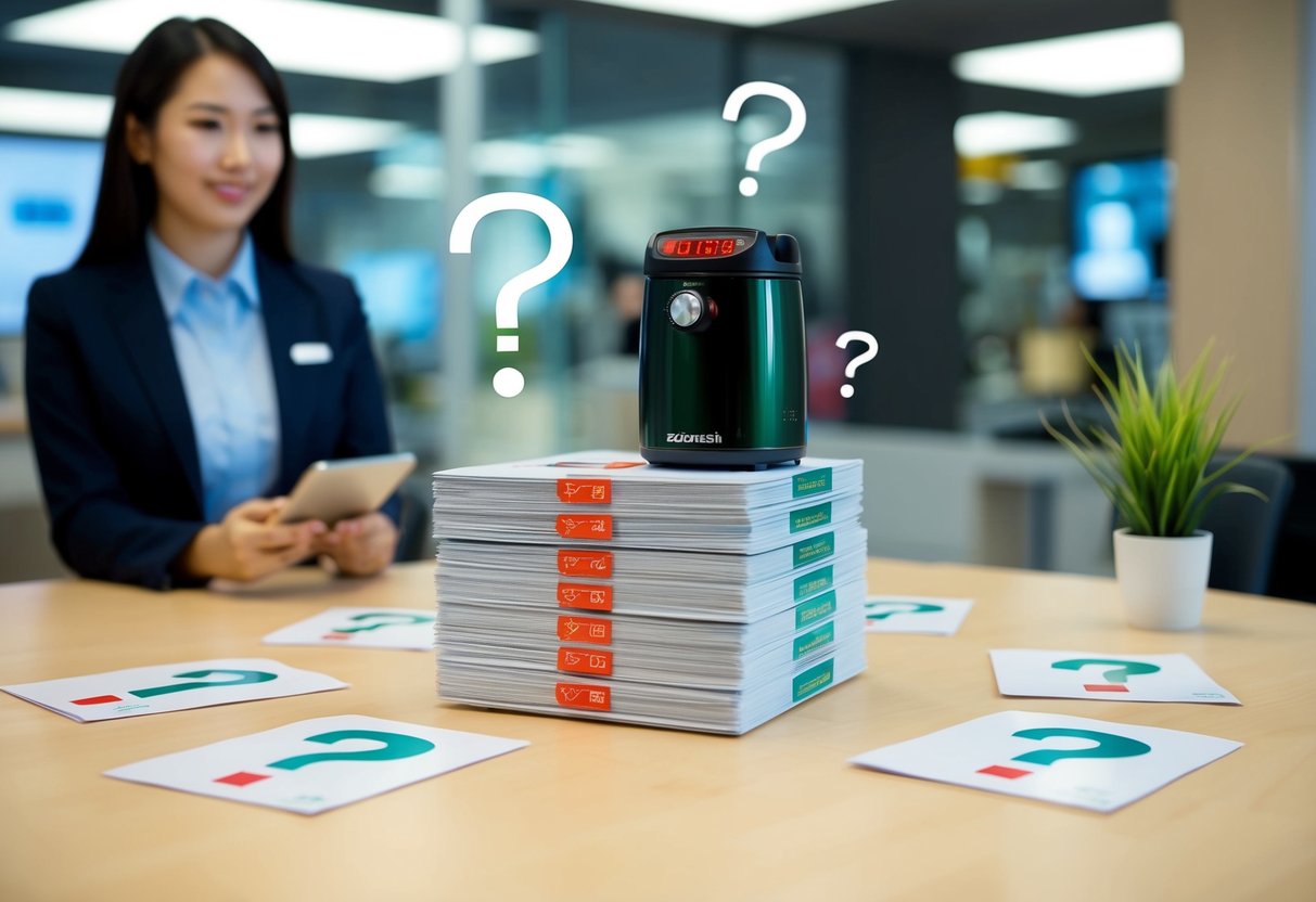 A stack of promotional materials with the Zojirushi logo, surrounded by question marks and a customer service representative ready to assist