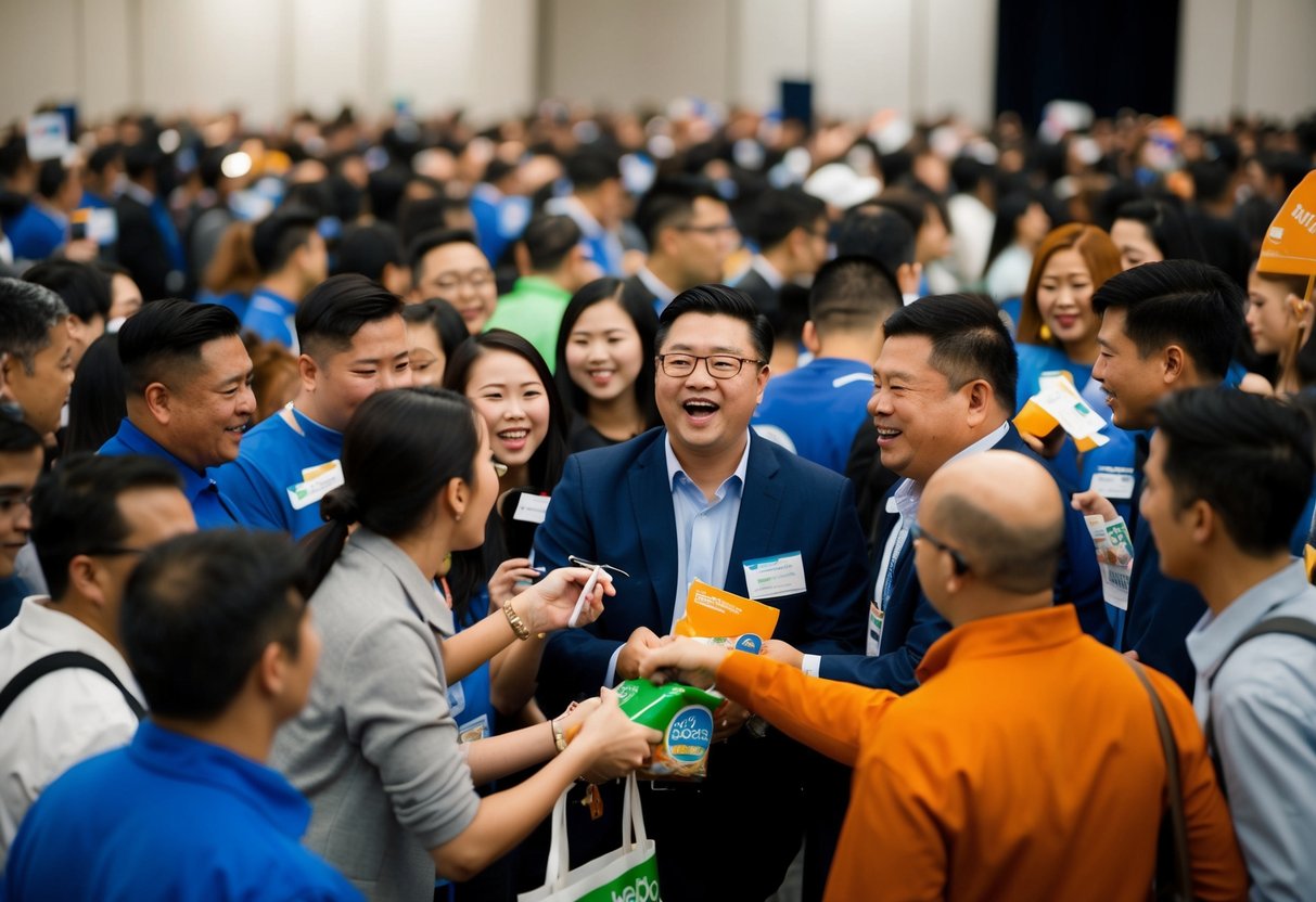 A crowd of people eagerly grabbing for promotional items at an HSBC event