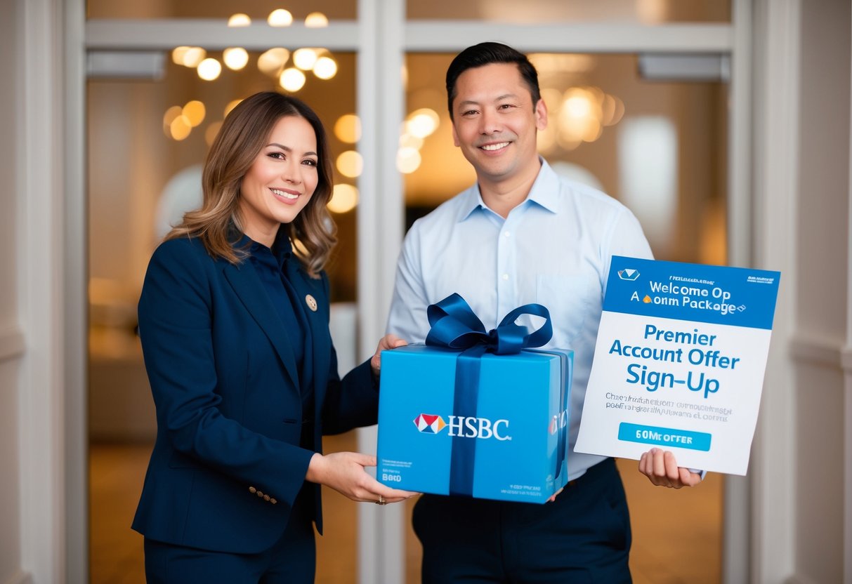 A person receiving a welcome gift package from HSBC, with a Premier Account sign-up offer displayed prominently