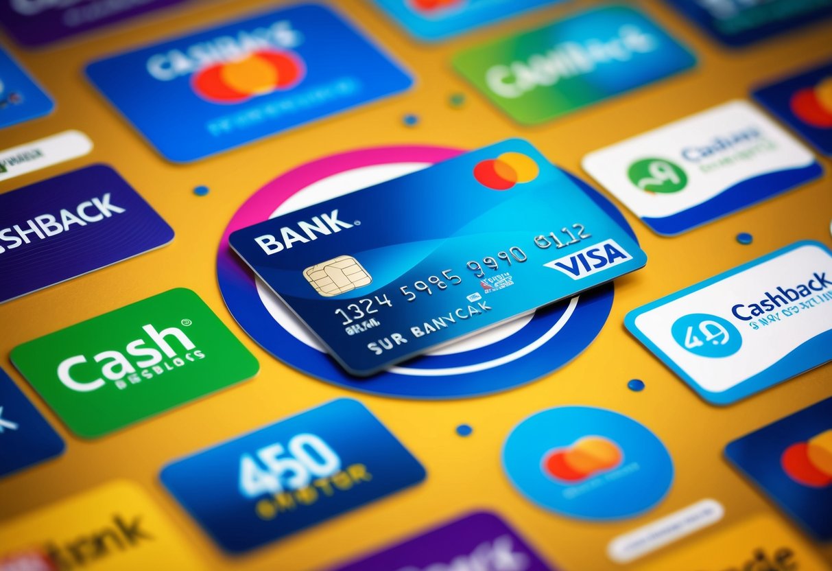 A colorful illustration of a bank card surrounded by various cashback symbols and promotional banners